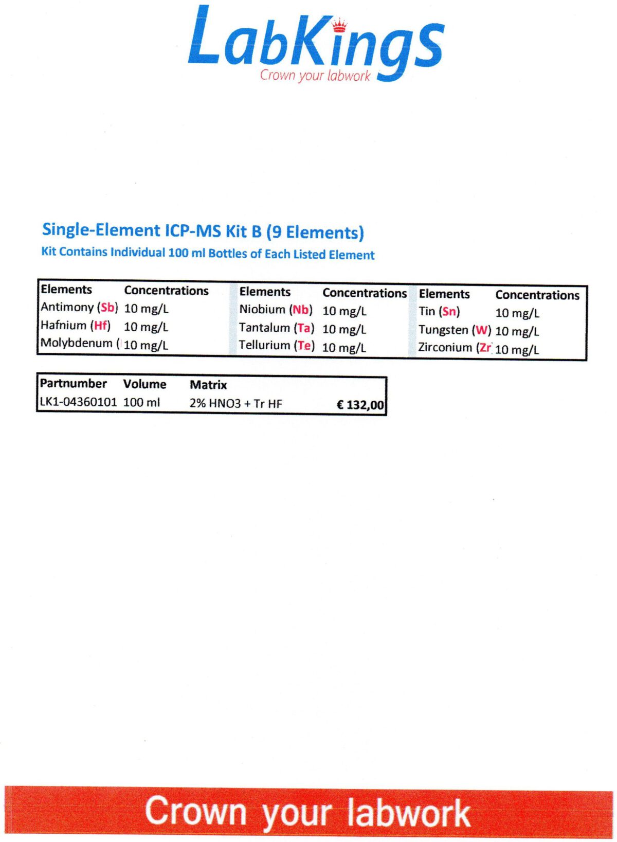 Single-Element ICP-MS Kit B, (9 elements), 100ml