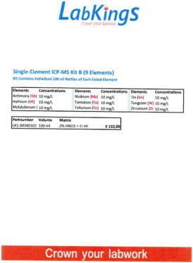 Single-Element ICP-MS Kit B, (9 elements), 100ml