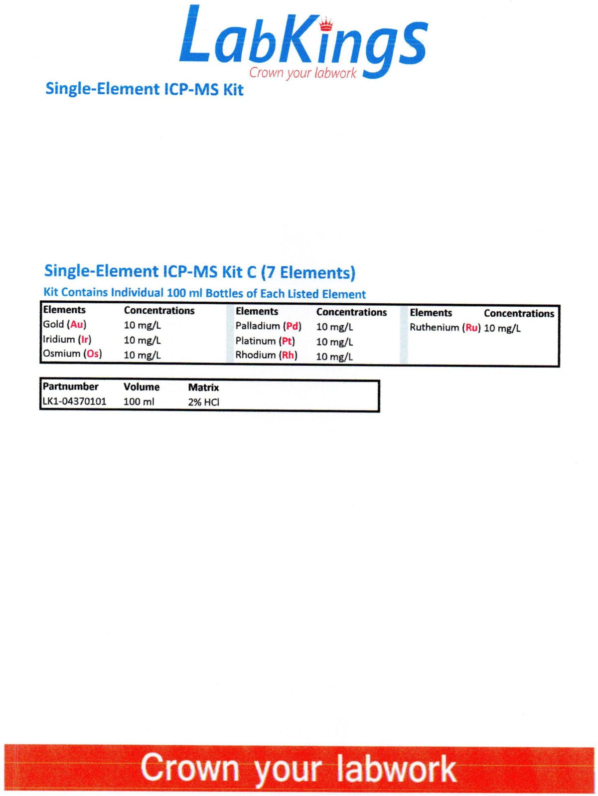 Single-Element ICP-MS Kit C (7 Elements), 100ml