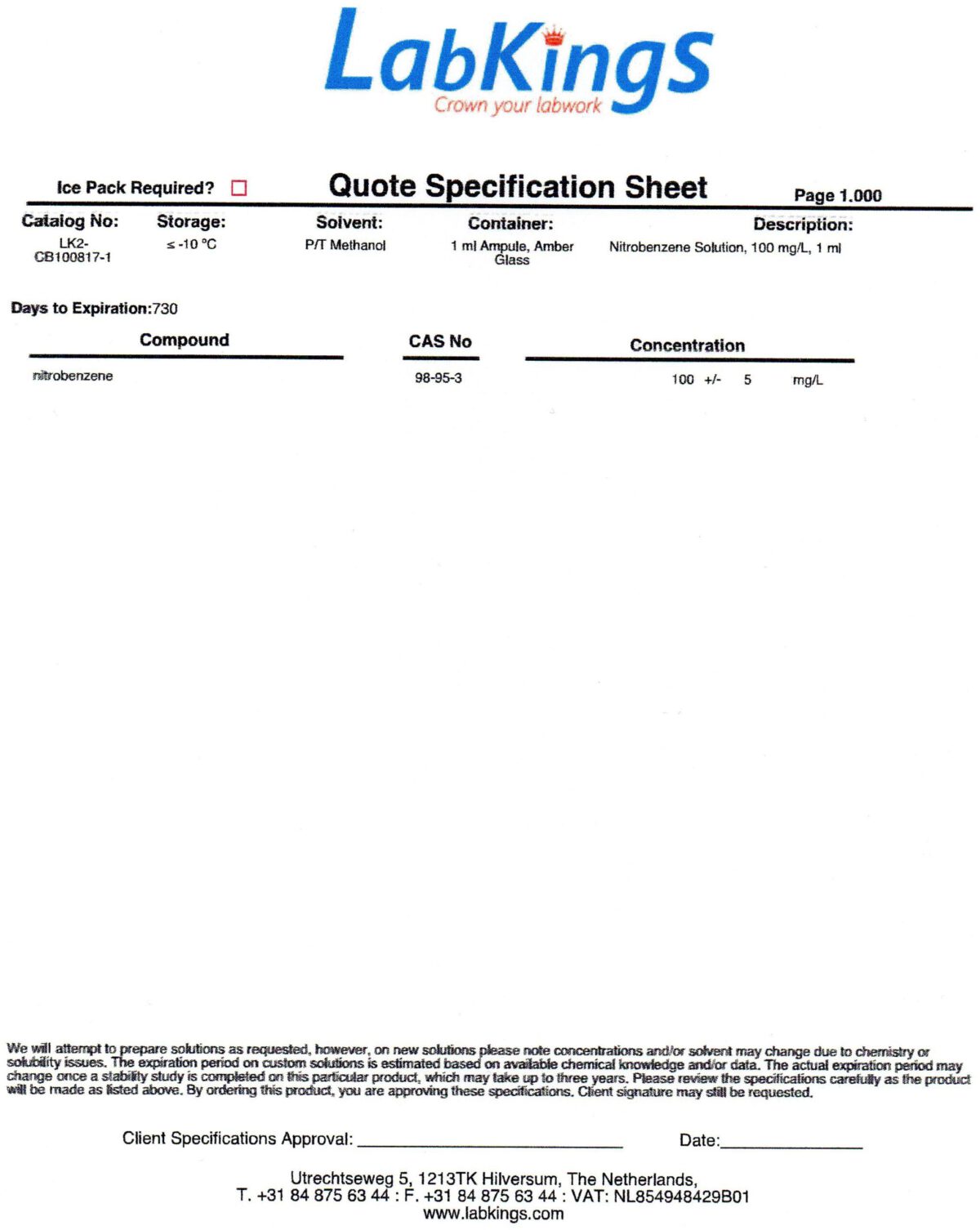 Nitrobenzene Solution, 100 mgL, 1 ml