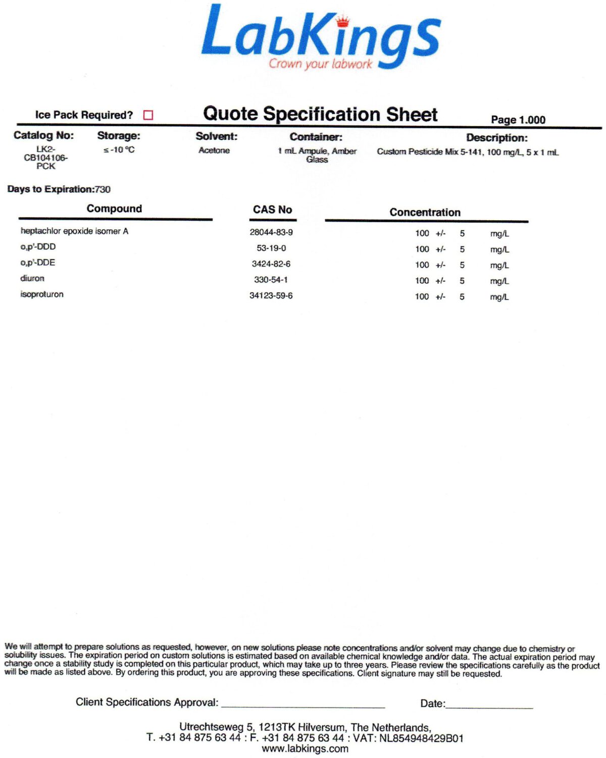 Custom Pesticide Mix 5-141, 100 mgL, 5 x 1 mL