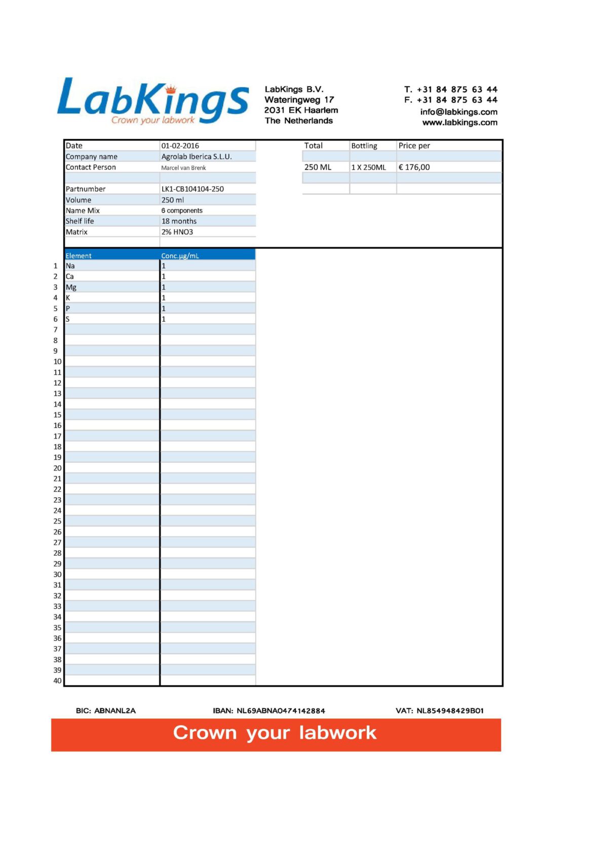 6 components,  1gl each of  Na ,  Ca ,  Mg ,  K ,  P ,  S  in HNO3 2%, 250ML