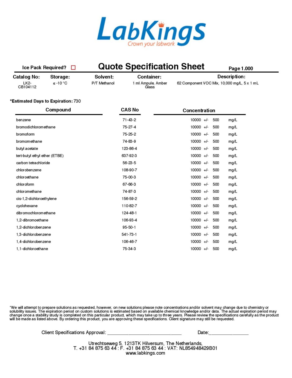 62 Component VOC Mix, 10,000 mg/L, 5 x 1 mL