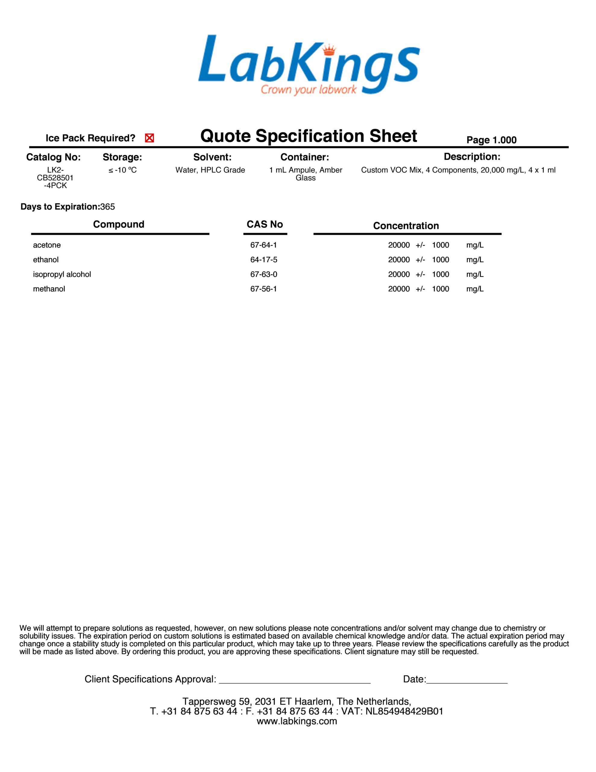 Custom VOC Mix, 4 Components, 20,000 mg/L, 2 x 1 mL Custom VOC Mix, 4 Components, 20,000 mg/L, 2 x 1 mL