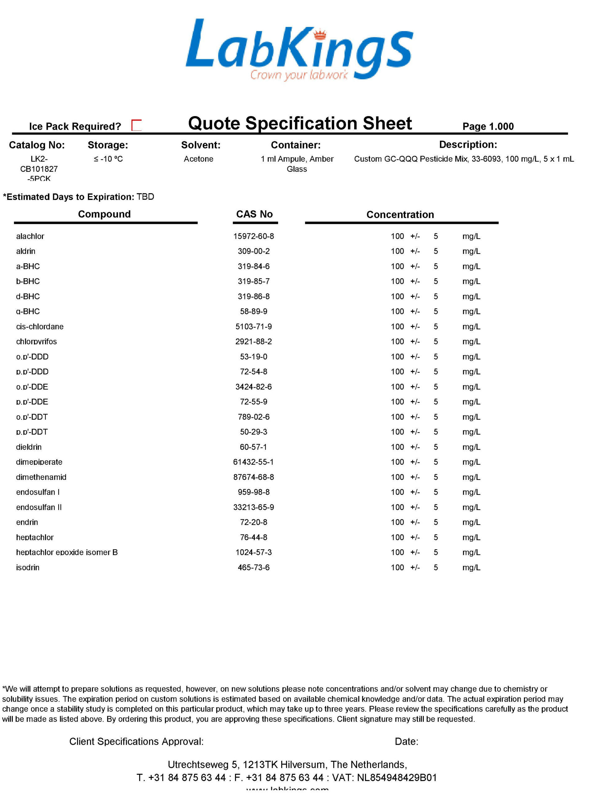 Custom GC-QQQ Pesticide Mix, 33-6093, 100 mg/L, 5 x 1 mL