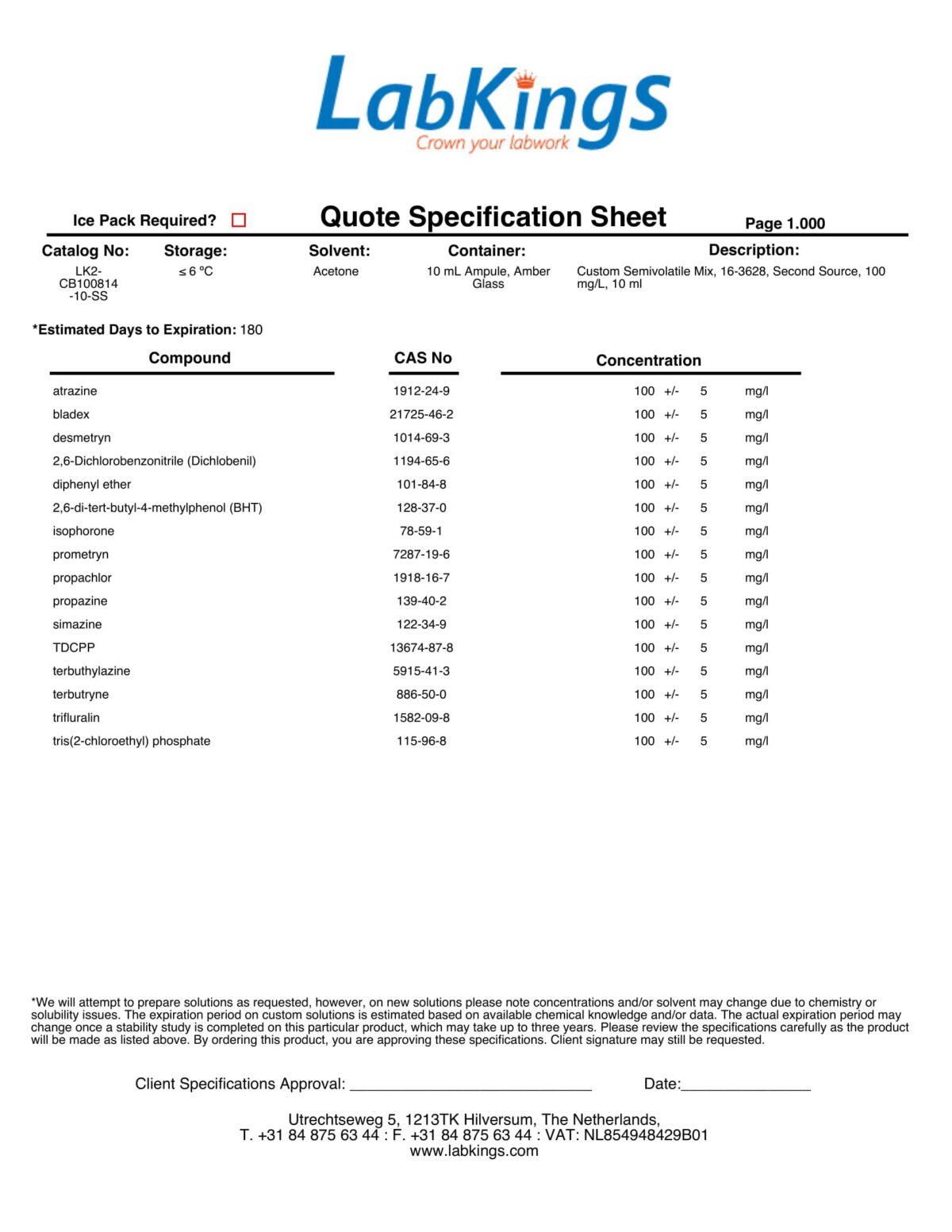 Custom Semivolatile Mix, 16-3628, Second Source, 100 mg/L, 10ml