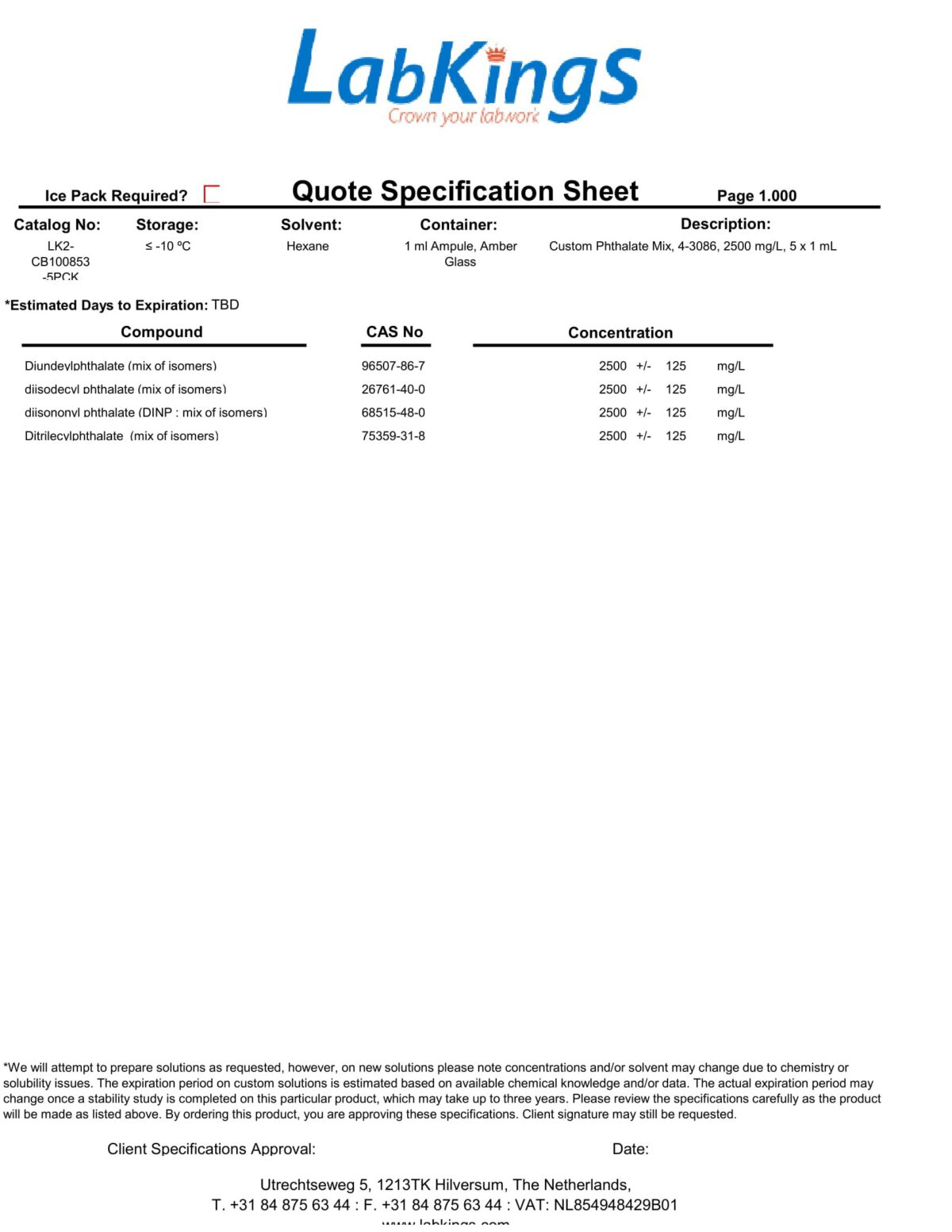 Custom Phthalate Mix, 4-3086, 2500 mg/L, 5 x 1 mL