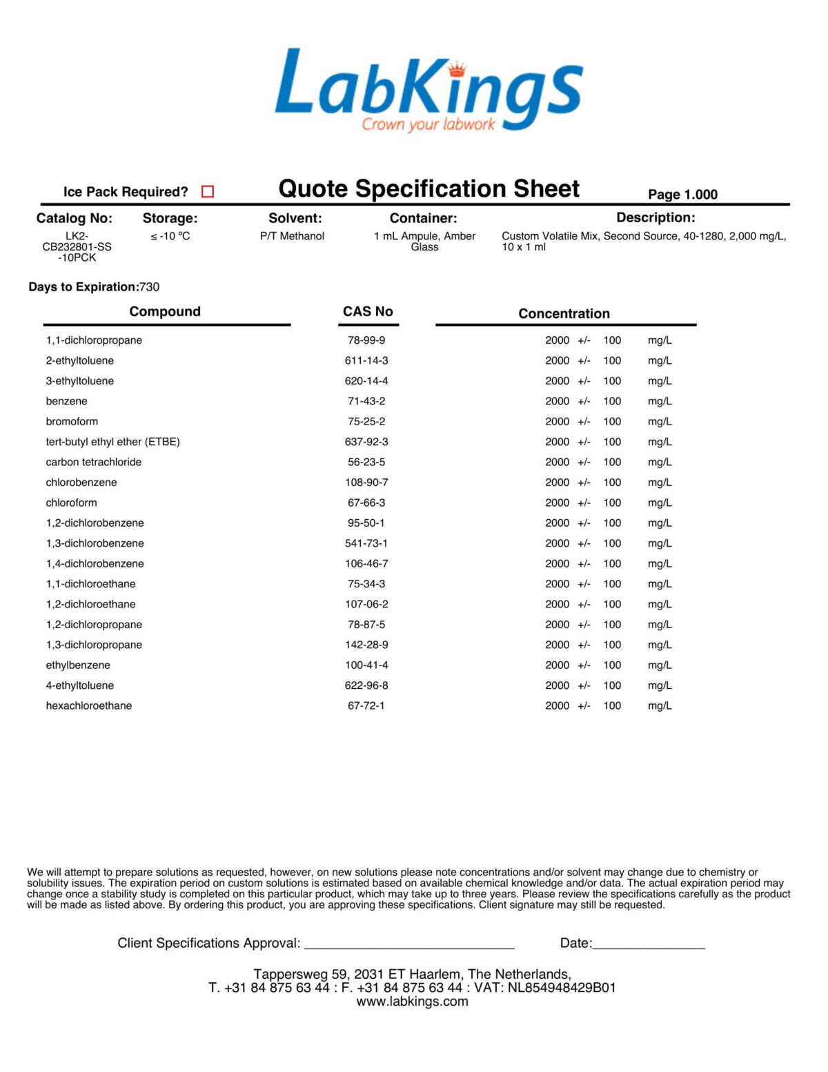 Custom Volatile Mixture, 39-3895, 2000 mg/L, 5 x 1 ml (Secondary Source)