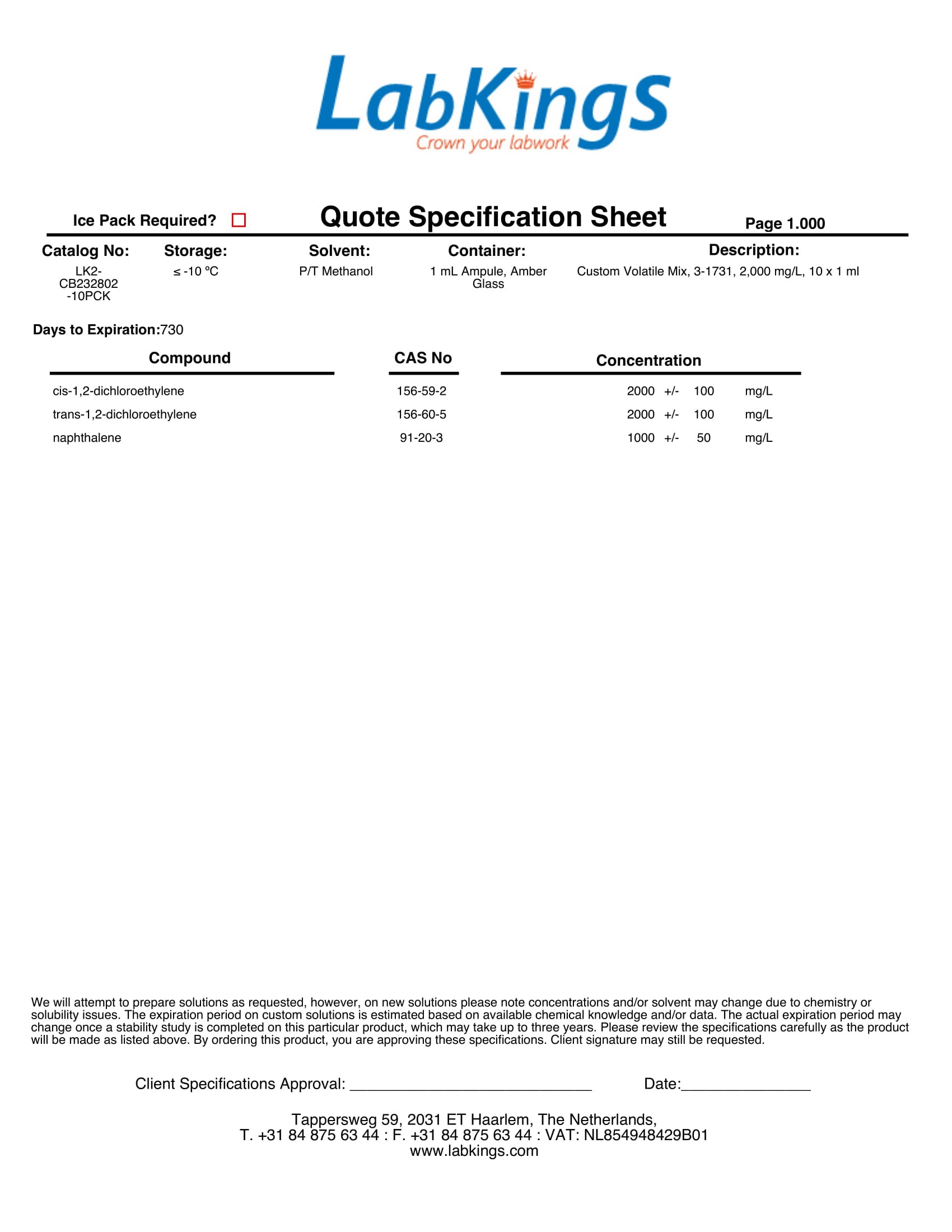 Custom Volatile Mix, 3-1731, 2,000 mg/L, 5x 1 ml Custom Volatile Mix, 3-1731, 2,000 mg/L, 5x 1 ml