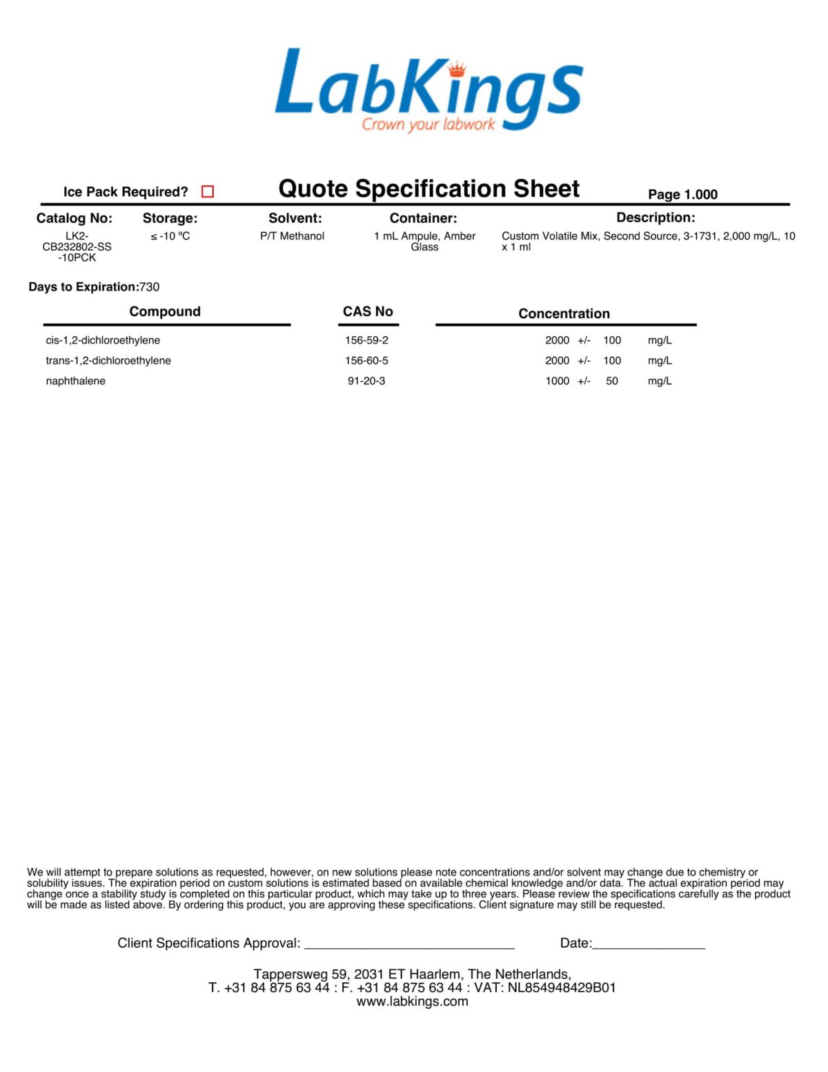 Custom Volatile Mix, Second Source, 3-1731, 2,000 mg/L, 5 x 1ml