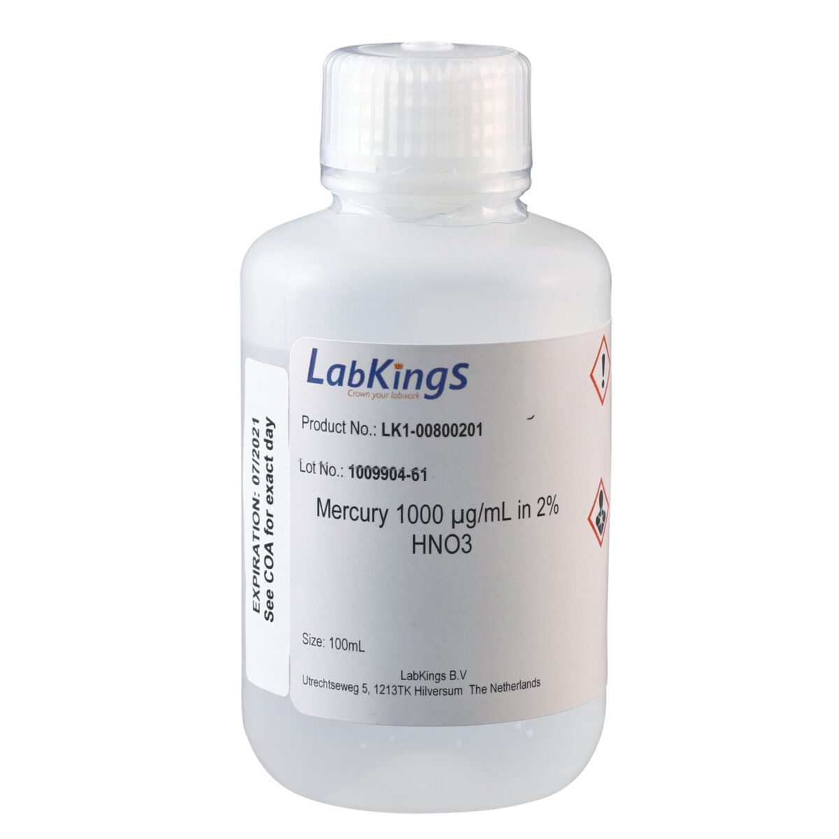 Mercury 1,000 mg/L in 2% HNO3, (Hg Metal), 250ml