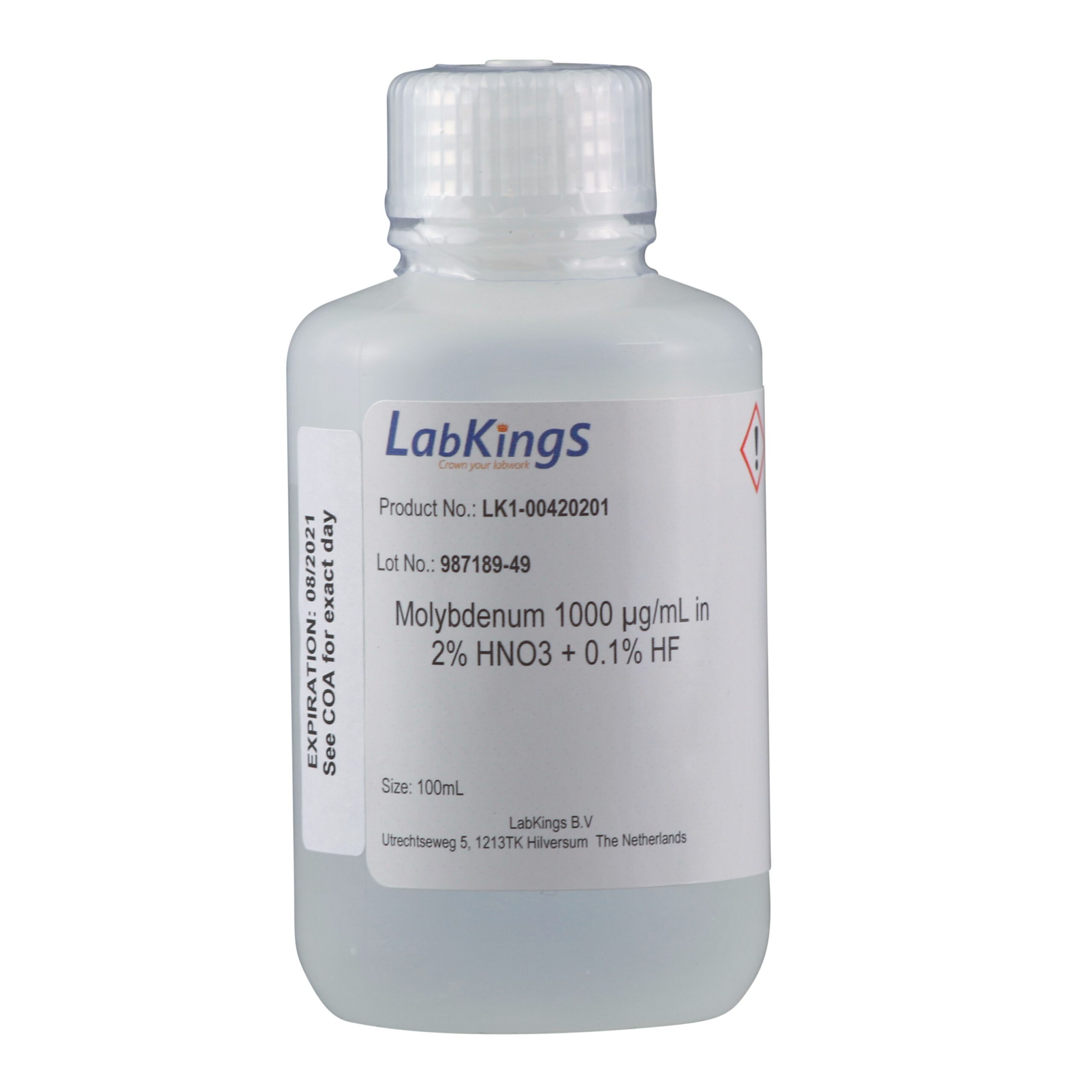 Molybdenum 1,000 mg/L (Mo Metal), 2% HNO3+0.1% HF, 500ml Molybdenum 1,000 mg/L (Mo Metal), 2% HNO3+0.1% HF, 500ml