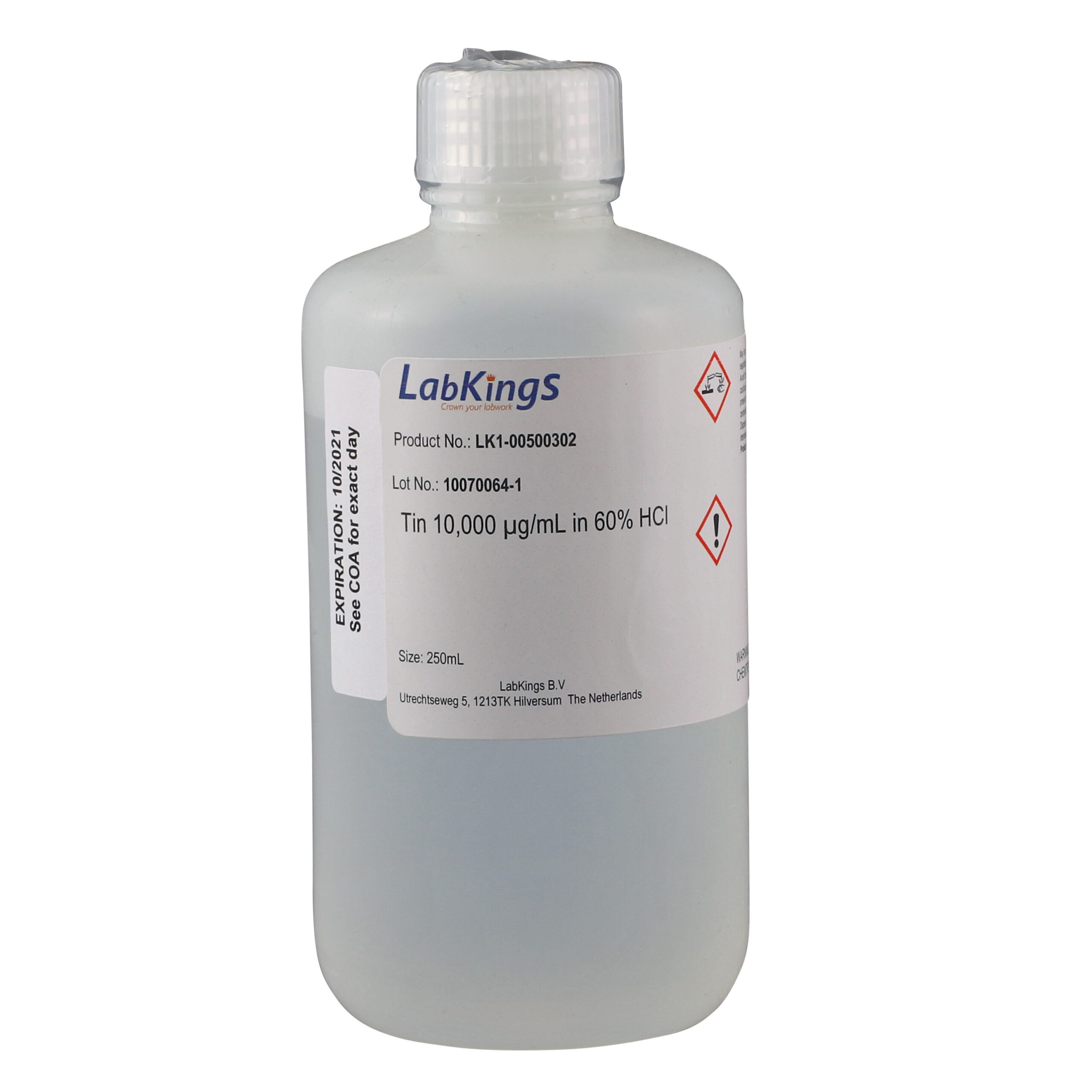 Tin 10,000 mg/L (Sn Metal), 60% HCl, 500ml Tin 10,000 mg/L (Sn Metal), 60% HCl, 500ml