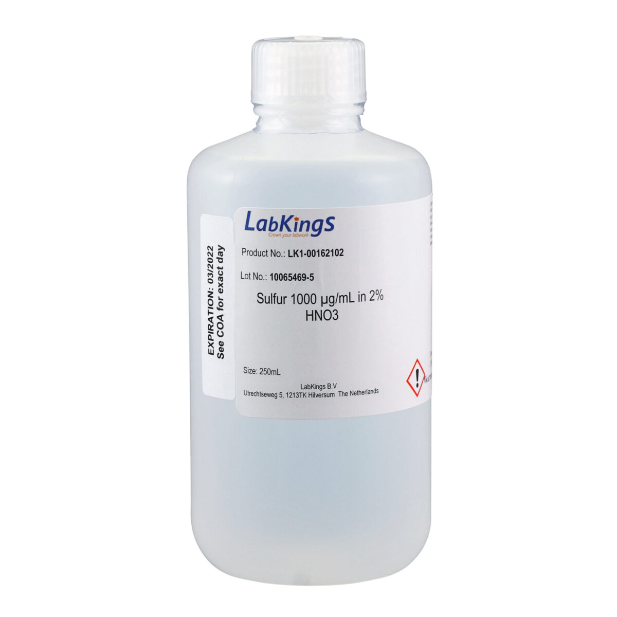 Sulfur 1,000 mg/L (H2SO4) in 2% HNO3, 500 mL