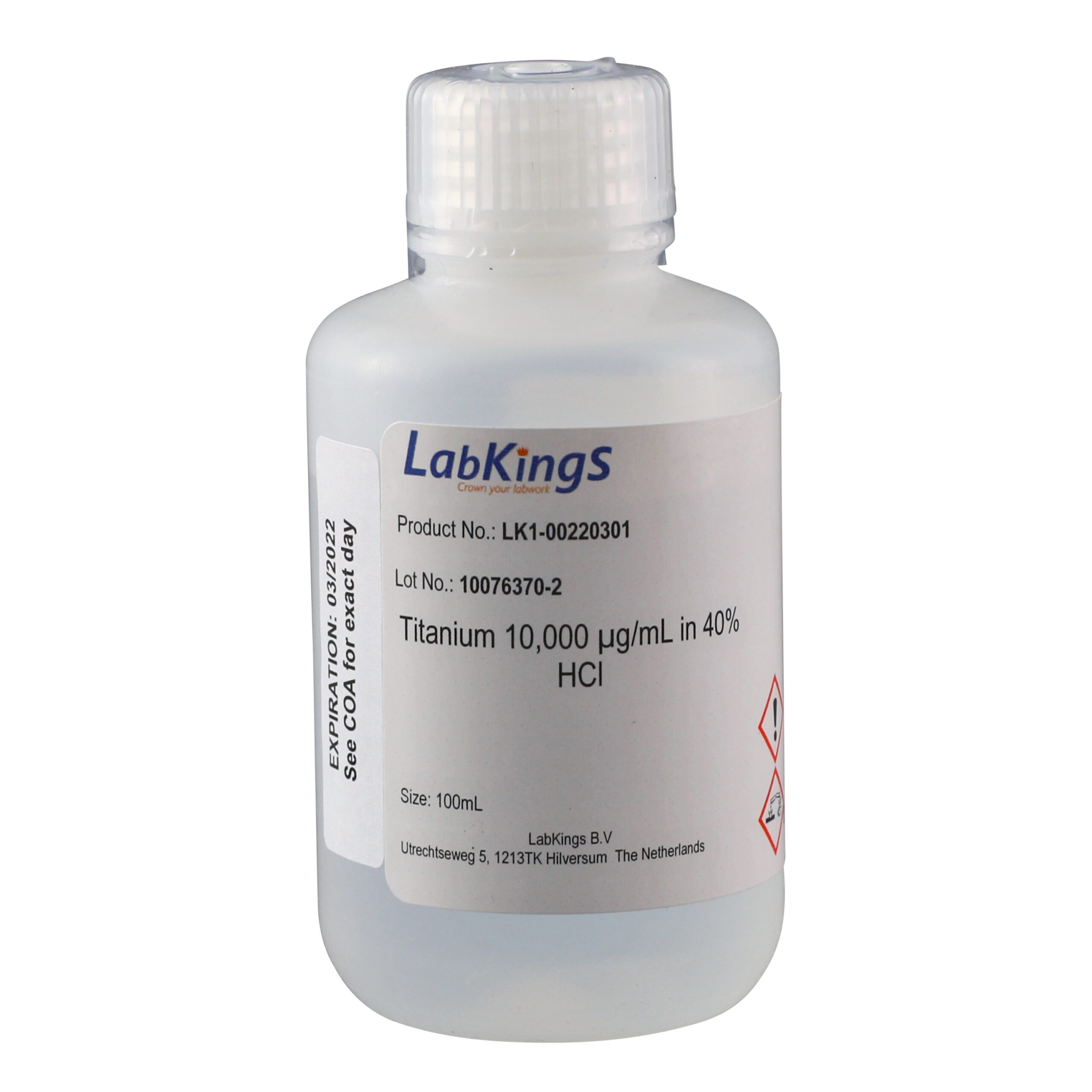 Titanium 10,000 mg/L (Ti Metal), 40% HCl, 250ml Titanium 10,000 mg/L (Ti Metal), 40% HCl, 250ml