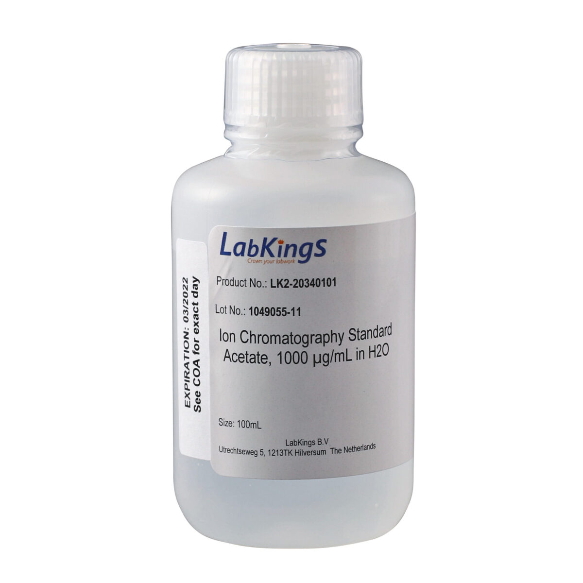 Acetate, 1000 mg/L, Ion Chromatography Standard, in H2O, 500mL